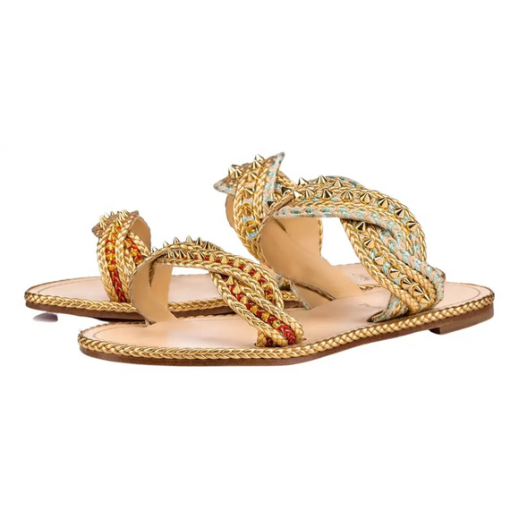 Christian Louboutin Normandie Flat Rope Gold Leather Spike Slip Slide Sandal 36 - Picture 1 of 11